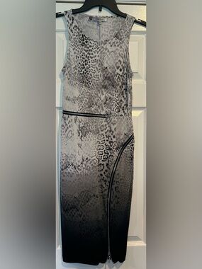 Jennifer Lopez Gray Animal-Print Midi Dress with Zipper Detail